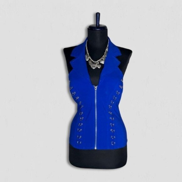 Ole Ole Halter Top Front Lace Up Padded Bra Metal Rings Accents Royal Blue sz L - Picture 1 of 12